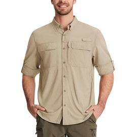 TACVASEN Button Down Shirts Men Long Sleeve Fishing Hiking Shirts UV SPF UPF 50+ Sun Quick Dry Work Camping Zip Pockets Tshirts LightKhaki