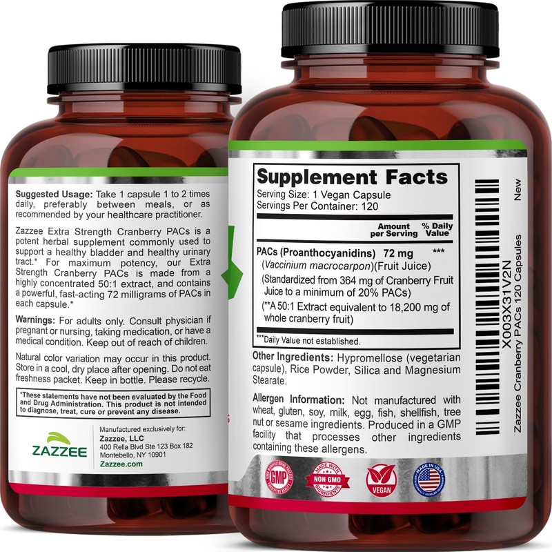 Zazzee Cranberry PACs, 72 mg PACs per Capsule, 2X Strength,