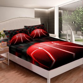 richhome Basketball Bed Sheets Set Kids Gaming Sports Fitted Sheet(No Top Sheets） Double Size Ball Games Red and Black Bedding Set for Room Decor Soft Geometric With 2 Pillow Case