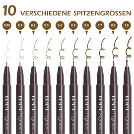 KEMYR 10 Micro Fine liner Drawing Art Pens Calligraphy Pens: 0.05mm-1.0mm Size Art supplies Waterproof Archival brown Ink Markers For Artists,Use for Professional Watercolor,Sketching