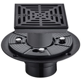 RANDOM 4 Inch Black Shower Drain Square with Adjustable PVC Base Flange,SUS304 Stainless Steel Matte Black Shower Floor Drain with Removable Cover Grid Grate