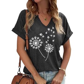 PUCKOLITY Women's Dandelion V-Neck T-Shirts Short Sleeve Casual Tee Tops Cute Wildflower Graphic Summer Flower Shirts（XXL,1 Dark Grey）