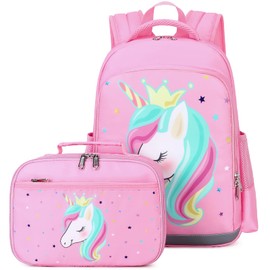 Octsky Unicorn Backpack for Girls, Kids Preschool Backpacks Cute Lightweight With Chest Strap and Lunchbox (Unicorn-Pink)