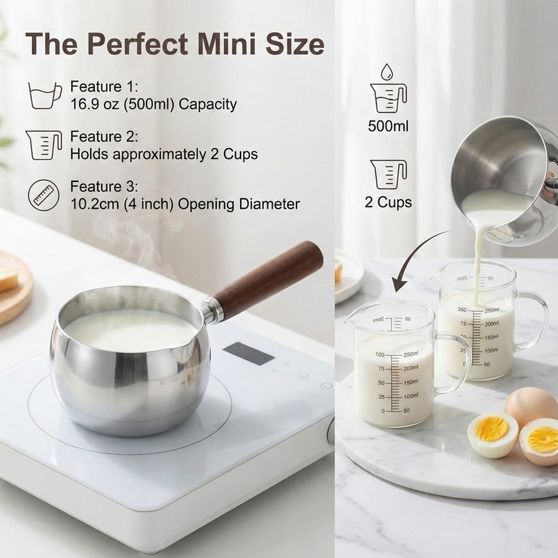 17oz Stainless Steel Sauce Pot with Heat Resistant Wooden Handle,