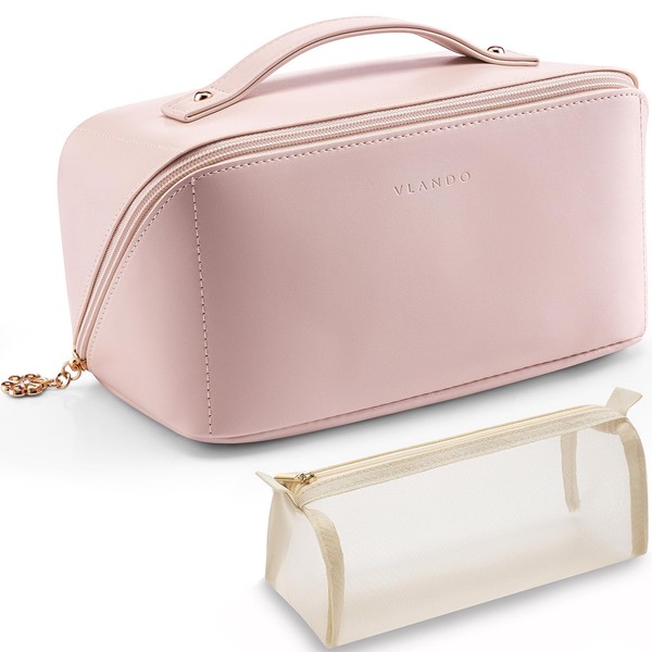 Vlando Women's Travel Cosmetic Bag, Make Up Bag, Large, Portable Make Up Organiser Bag, Multifunctional Toiletry Bag with Divider, Makeup Bag, Women's Waterproof PU Leather, pink, Modern