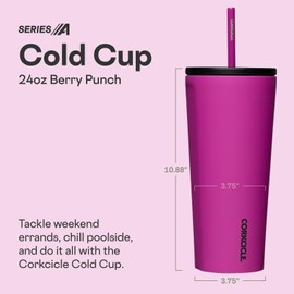 Corkcicle Cold Cup Insulated Tumbler with Straw - Keeps Drinks Cold for 12 Hours - Triple-Insulated Stainless Steel - Leak-Resistant Lid - Summer Drinkware Gift - 24 oz - Berry Punch