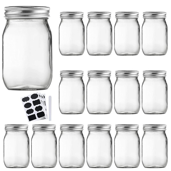 Accguan 16oz Glass Mason Jars with Regular Airtight Lids Ideal for Jam,Honey,Shower/Wedding Favors, Clear, 15 pack
