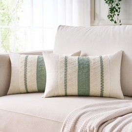Cushion Covers Sage Green Boho Striped Geometric Decorative Cotton Pillowcases 30x50 cm Autumn Rustic Farmhouse Sofa Cushion Cover Set of 2 with Smooth Invisible Zip for Home Decor Sofa Bedroom Car