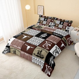 QOOMO Stripes Western Cowboy Bedding Set Geometric Grid Brown Plaid Kids Comforter Set Bull Skull Horse Arrow Print 3D Quilt Set Bedroom Decoration Twin Size 1 Comforter Set 2 Pillowcases
