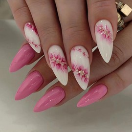 30 Pcs Pink Press on Nails Short Almond YIHONGYAN Spring Fake Nails Press ons Acrylic Full Cover False Nails Glue on Nails Art Glitter Rhinestone Design False Nails Stick on Nails for Women Manicure
