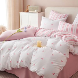 Sacebeleu Double Duvet Cover Set Heart for Kids Girls,White Pink Heart Pattern Bedding Cute Comforter Cover 200x200 cm with Zipper Closure and 2 Pillowcases 50x75 cm