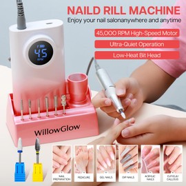 Willowglow Professional Nail Drill, 45000RPM Electric Efile Nail File with Charging Dock, Ceramic & Tungsten Bits for Acrylic Gel Removal, Home and Salon Use