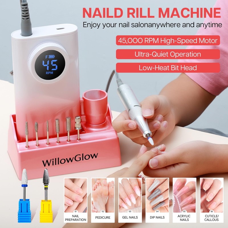 Willowglow Professional Nail Drill, 45000RPM Electric Efile Nail File with