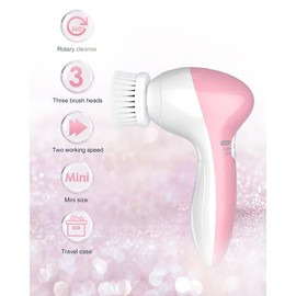 Electric Facial Cleansing Brush for Women, 3-in-1 Face Cleanser and Exfoliator Brush with 3 Brush Heads, 2 Speeds, Waterproof Spin Brush, Travel Size Case (Pink, Battery Operated)