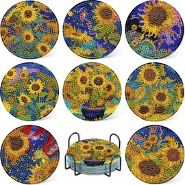 Leatrice 8 Pcs Van Gogh Sunflower Diamond Art Coasters Kits for Adults DIY Craft Paint by Dots Mosaic Dot Painting Set,for Beginner Adults Ideal Gift for Family Friends