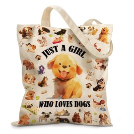 "Just a Girl Who Loves Dogs" Tote Bag - Cute Cartoon Dog Print Canvas Tote for Women | Adorable Puppy Pattern with Funny Saying, Magnetic Closure & Inner Pocket (Dogs Mom Gift, Dog Lover Accessories)