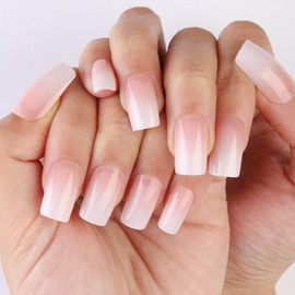 Milky White Gradual Fake Nails, 24pcs High Glossy False Nails, Press on nails with glue, Milky White Square Medium Long Stick on Nails,Sweet Simple Comfortable Fit Long Lasting Full Cover Manicure