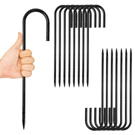 Anothera 16 Pack Steel Rebar Stakes, 12-Inch Heavy Duty J Hook Metal Fence Stake, Rustproof Ground Hooks Anchors for Tents, Plants, Fences and Trampolines