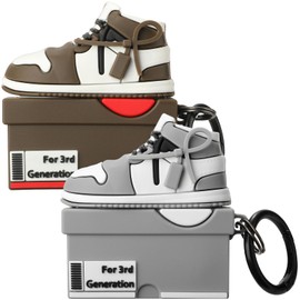 [2Pack] Maxjoy for Airpods 3rd Generation Case, Cute 3D Box Case Compatible with Airpods 3 Case Cover, Shockproof for Airpods 3 Case Men Women with Keychain（Brown Gray）