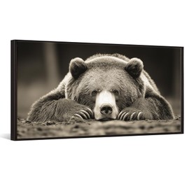 iKNOW FOTO Grizzly Bear Wall Art Brown Animal Canvas Print with Black Floater Frame Rustic Woodland Decor for Living Room Bedroom Cabin Farmhouse Lodge Nature Forest Wildlife Painting 24x48 Inch