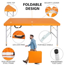 MIIUDGIG Portable 4Ft Adjustable Height Plastic Folding Table, Heavy Duty Fold-in-Half Table with Carrying Handle, Small Utility Foldable Table for Picnic Party Camping BBQ, Indoor/Outdoor (Orange)