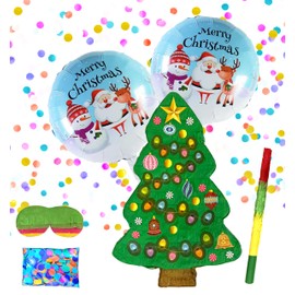 Christmas Tree Pinatas, Festive Christmas Decorations for Themed Celebrations and Holiday Party Games Includes Busterstick, Blindfold, Confetti and 2 Chirstmas Ballons