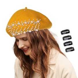 JK Home Pearl Rhinestone Wool French Beret Hat with 4pcs Fasten Snap Clips U-Shape Metal Clips, Women Classic Cashmere Warm Artist Painter Hat Newsboy Dome Bowler Cap Fancy Dress Theme Hats