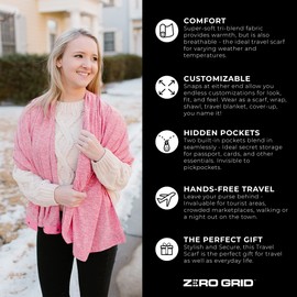 Zero Grid Infinity Travel Scarf Loop with Hidden Zipper Pockets for Passport, Phone, Cash, Cards - Converts to Blanket, Wrap, or Shawl