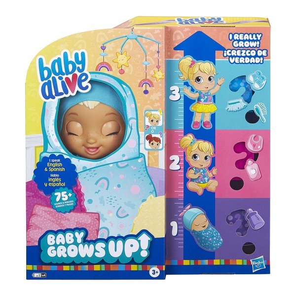 Baby Alive Baby Grows Up (Happy) - Happy Hope or Merry Meadow, Growing and Talking Baby Doll, Toy with 1 Surprise Doll and 8 Accessories, Blue