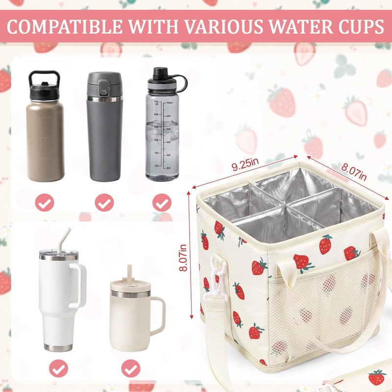 4 Compartments Drink Carrier Bag with Strap,Strawberry,Beige