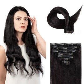 SoBeauty Clip in Hair Extensions Real Human Hair, Remy Hair Clip in Extensions Human Hair, Natural Black 100% Human Hair Extensions for Women #1B 24Inch 120G 7PCS