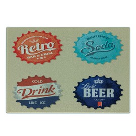 Lunarable 1950s Cutting Board, Retro Bottle Caps Design Beer Drink Soda Old Times Old Days Memories Fun Happy, Decorative Tempered Glass Cutting and Serving Board, Small Size, Multicolor