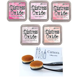 Tim Holtz Ranger Distress Oxide Ink, 5 Shades of Pink/Lavender, Picked Raspberry, Spun Sugar, Worn Lipstick, Milled Lavender, Tattered Rose, 5 Inks, 2 Carnora Ink Blending Brushes, 7 Item Bundle