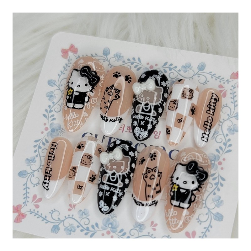 Black Ribbon Meow's handmade nail tips - Oval M /