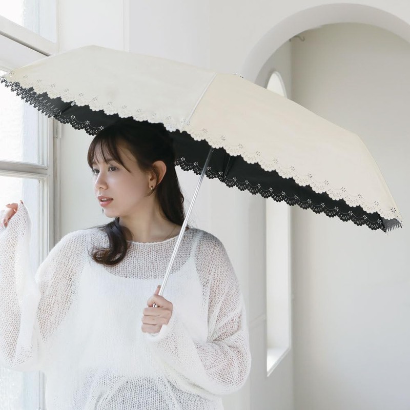 Nakatani Natural Basic Folding Umbrella, UV Flower Heat Cut, Beige,