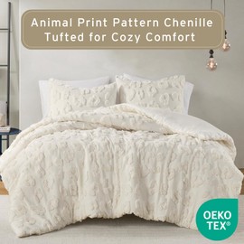Intelligent Design King Comforter Set Chenille Tufted Animal Print Pattern Comforters King Size, All Season Fluffy Bedding Soft Microfiber Reverse, Larissa, King/Cal King Off-White 3 Piece