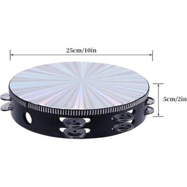 Radiant Tambourines, 10 inch Tambourine with Double Row Jingle Reflective Hand Drum Percussion Handheld Drum Bell Musical Instrument Hand Held Percussion for Adults Church, KTV, Party, Games - Size: 7 inches