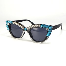 FUPRECIOUS Retro Cateye Sunglasses for Women UV400 Protection Cat Eye bling rhinestone Sun Glasses, Canal Blue, Medium