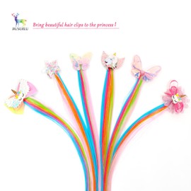 6 Pcs Hair Accessories for Girls, Bows for Girls, Unicorn Hair Clips with Colorful Ombre Hair Extensions, Glitter Bow Design