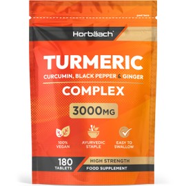 Turmeric Tablets 3000mg with Black Pepper, Ginger and Curcumin Extracts | High Strength Supplement | 180 Vegan Tablets (Not Capsules) | by Horbaach