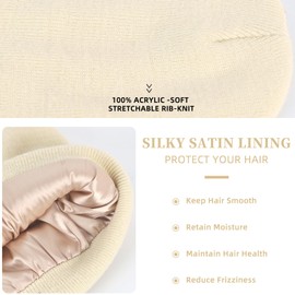 Satin Lined Beanie for Women Men Winter Silk Lined Hat Warm Knit Cuffed Beanies Hat Thickened Slouchy Skull Cap (US, Alpha, One Size, Beige)