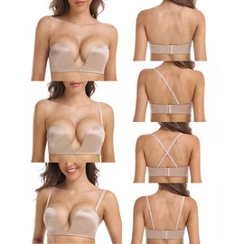 DotVol Women's Multiway Deep U Plunge Padded Push Up Convertible Bra(Beige,38B)