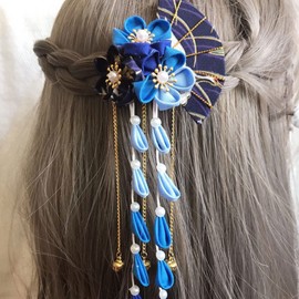 OSALADI Japanese Hair Clips Kimono Flower Hair Pins with Tassel Kimono Hair Accessories Kanzashi Hair Ornament for Women (Blue)