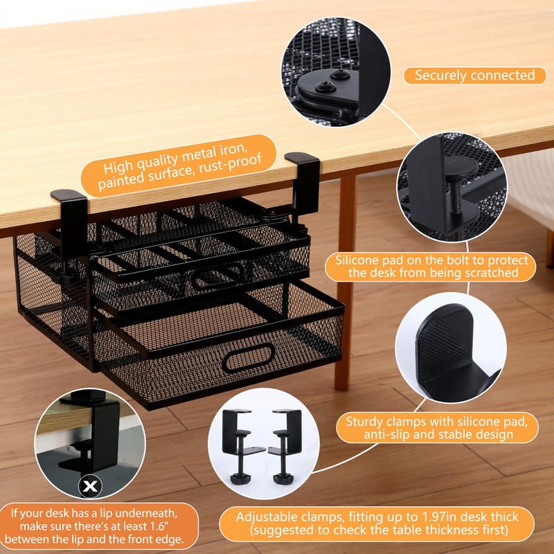 Sliding Under Desk Drawer Organizer No Drilling 2 Drawers Slide