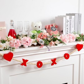 Wenqik 47.24 Inches Valentine's Day Wood Bead Garland with Bow Tassels and Hearts Beaded Garland Decor for Valentine's Day Gift Wedding Displays Tiered Tray Farmhouse Home Decoration