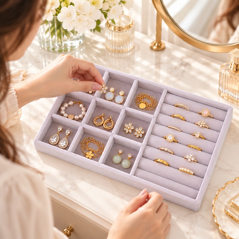 Velvet Jewelry Organizer Tray for Jewelry Storage – 6 Grid,