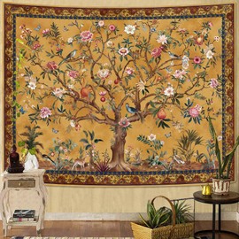 Faxdong Boho Tree of LIfe Tapestry, Vintage Flower Leaves Birds Plant Animal Pattern Tapestries, Retro Indian Bohemian Aesthetic Wall Hanging Orange Yellow 44×60 inch