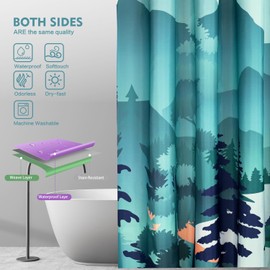 Lokigo Mountain Shower Curtain, Teal Shower Curtain for Bathroom, Cool Green Shower Curtain Nature Shower Curtain with Hooks, Watercolor Misty Forest Sun Sunset Landscape Shower Curtain, 72Wx72H Inch