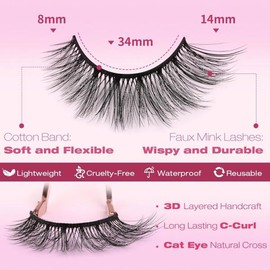 Kiromiro 인조 속눈썹 14mm 3D 밍크 내추럴 룩 고양이 위스피 팩, 키로미로, 14쌍 [Cat Eye A01] 14mm 3D Mink Natural Look Cat Eye Wispy Fake Eyelashes, KiroMiro, 14 Pairs [Cat Eye A01]