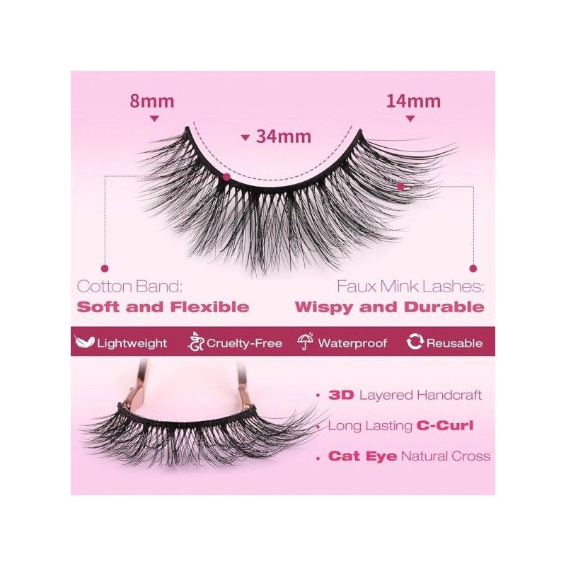 Kiromiro 인조 속눈썹 14mm 3D 밍크 내추럴 룩 고양이 위스피